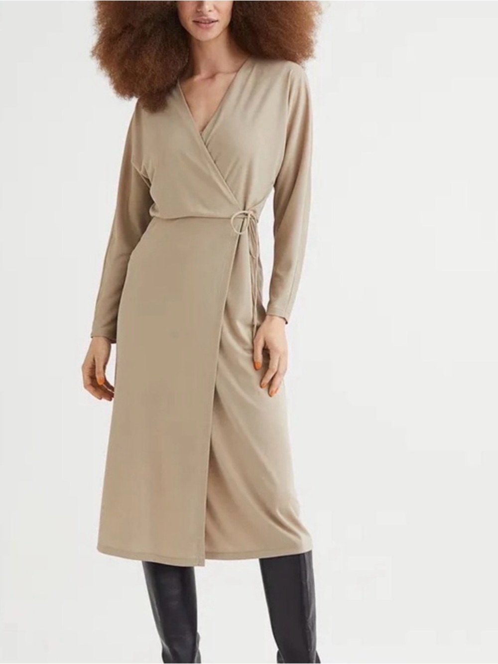 H&M Long Sleeve Wrap Midi Dress in Taupe